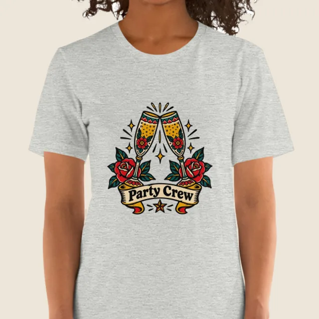 Party Crew, Tattoo flash style, printed on a tee