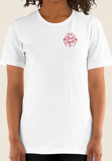 Front of a white tee with a small Bride Squad print on the chest