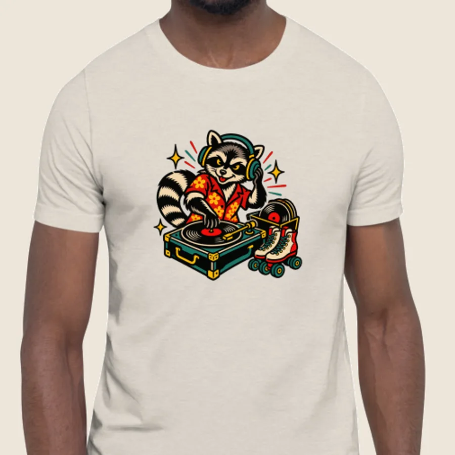 Tattoo flash design of a raccoon DJ at a roller disco, printed on a tee
